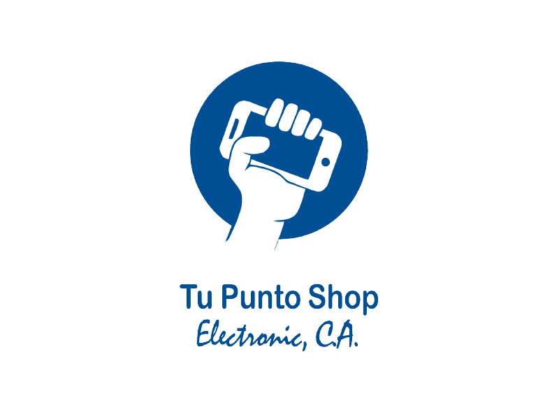 Logotipo de Tu Punto Shop Electronica, CA, con una mano blanca sosteniendo un teléfono inteligente en un círculo azul.