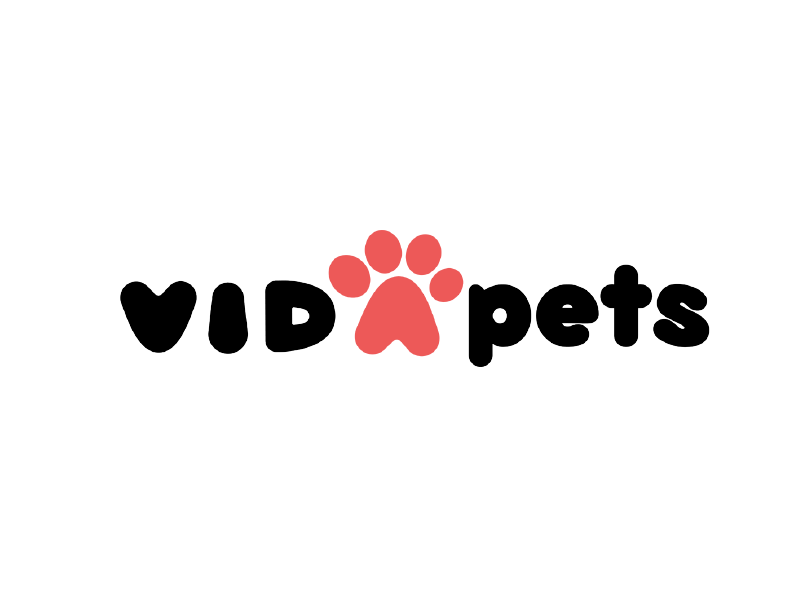 Logotipo de VIDpets con texto negro y una huella de pata roja que reemplaza la letra A.