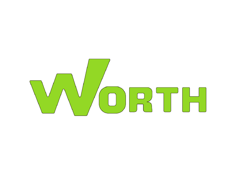 Logotipo verde “WORTH” en letras grandes sobre fondo blanco