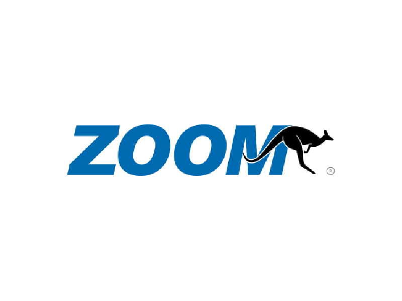 Logotipo de Zoom con texto azul y la silueta de un canguro negro.