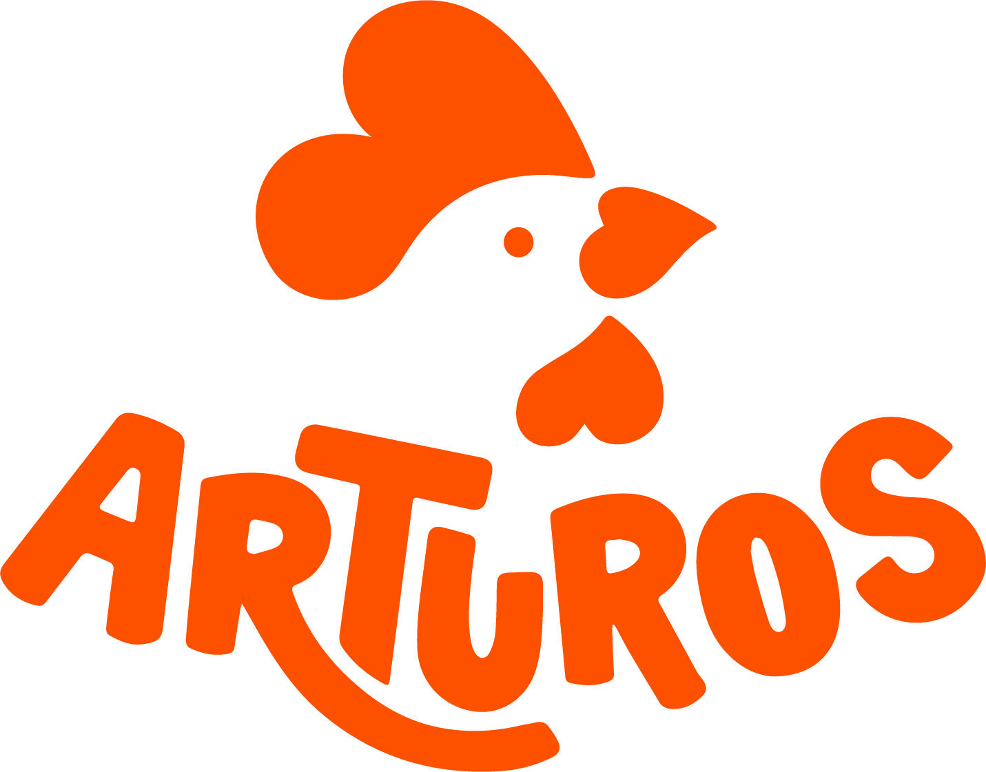 Logotipo naranja de ARTUROS con una cara estilizada y formas que recuerdan a mascotas sobre un fondo blanco.