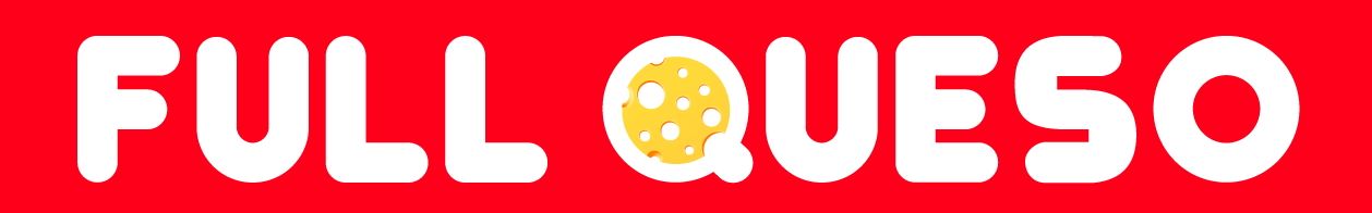 Logotipo de pancarta roja con la inscripción “FULL QUESO” en blanco, con un icono de queso en la O
