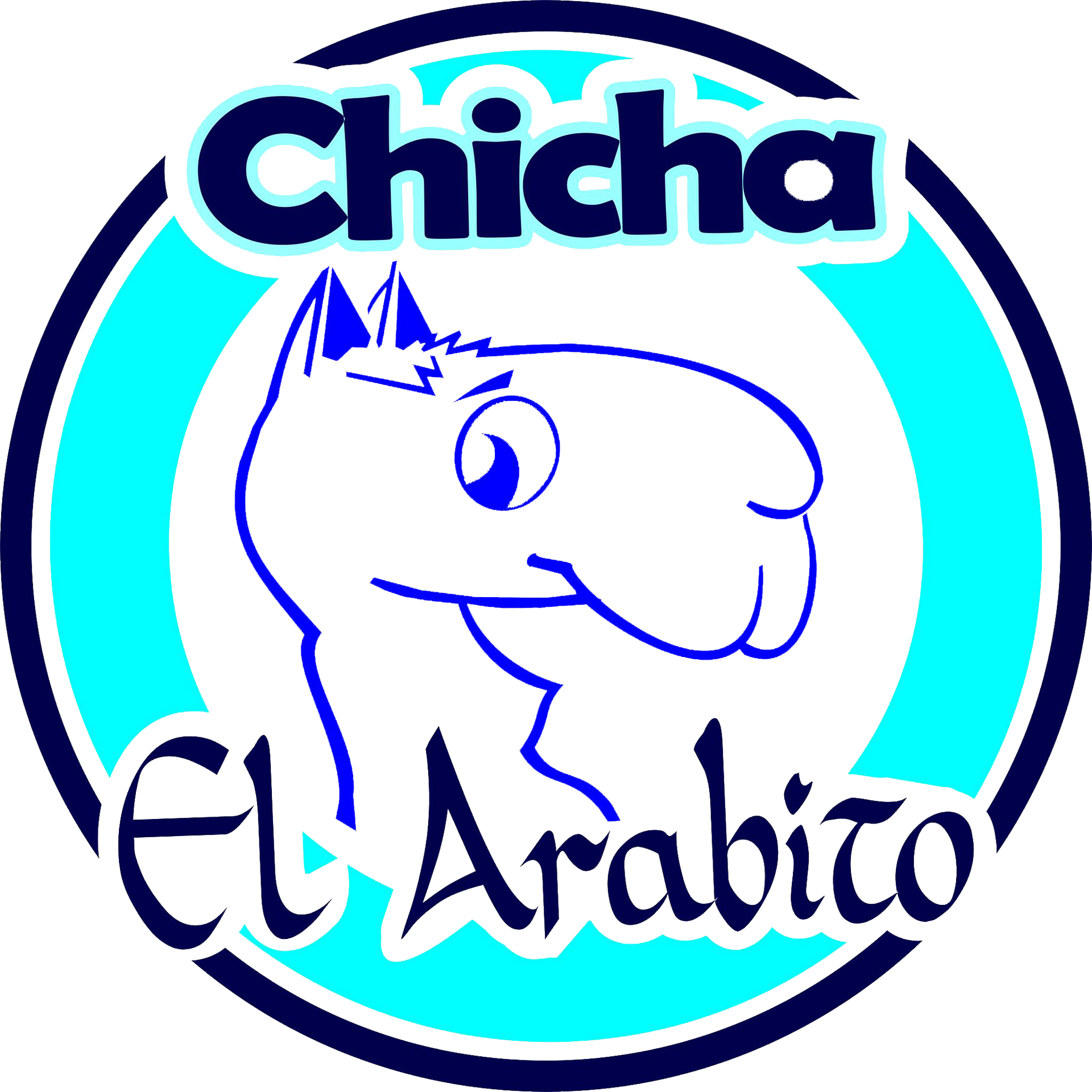Logotipo de Chicha El Arabito con una cabeza de camello de dibujos animados azul y blanco y un emblema circular turquesa.