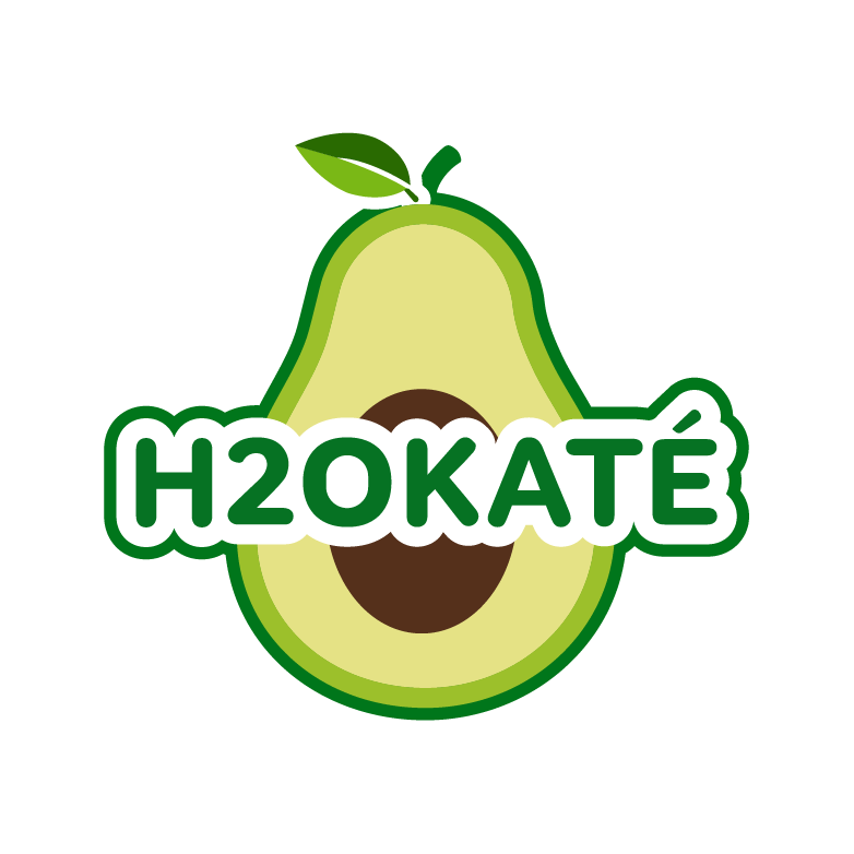 Logotipo de aguacate verde con la palabra “H2OKATÉ” en el centro.