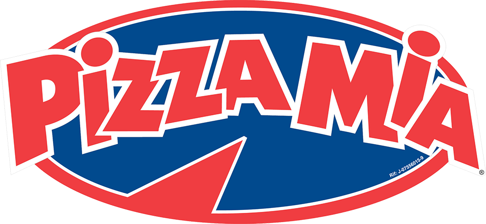 Logotipo de Pizzamia en rojo, blanco y azul con letras estilizadas en negrita dentro de un óvalo.