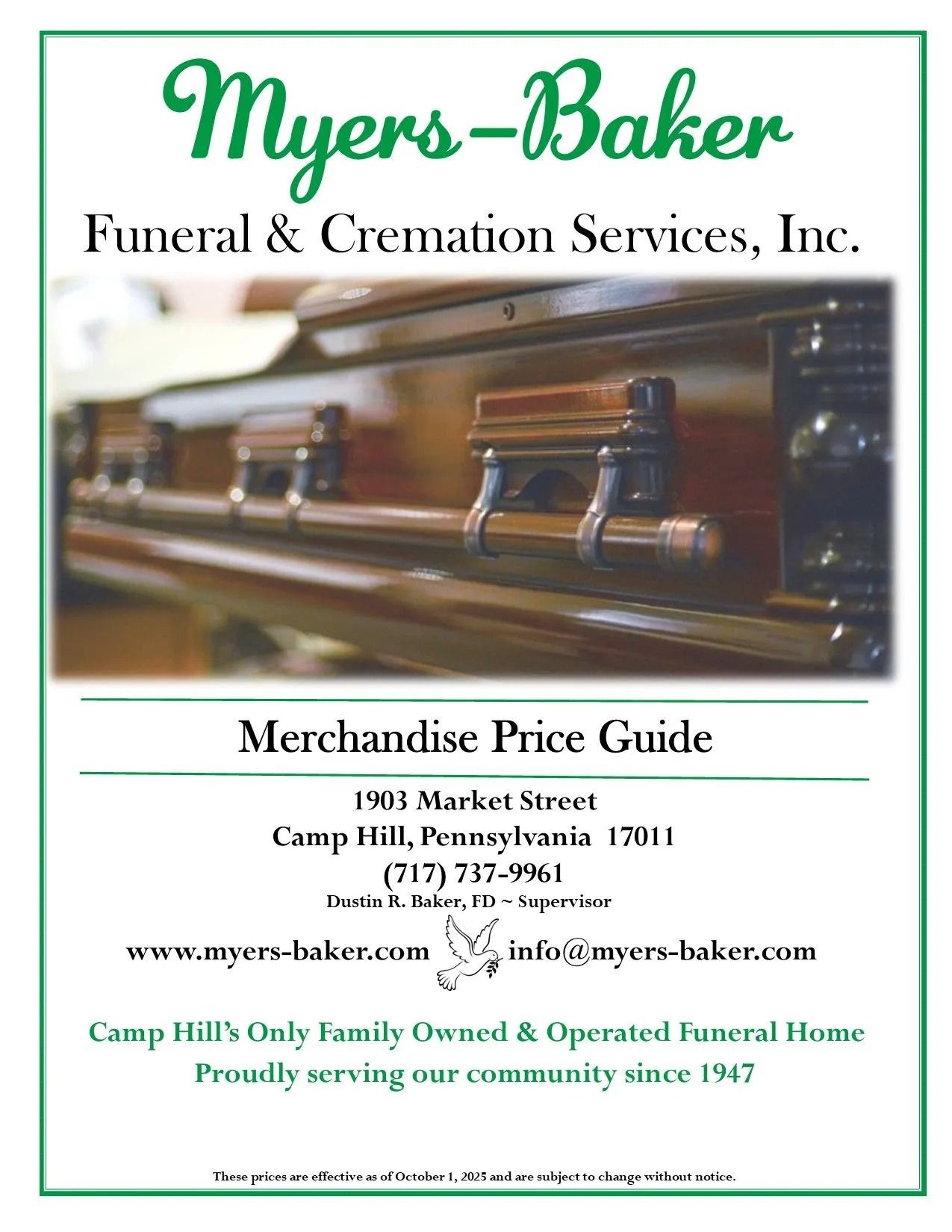 Myers-Baker Funeral & Cremation Services merchandise price guide with casket photo and contact details