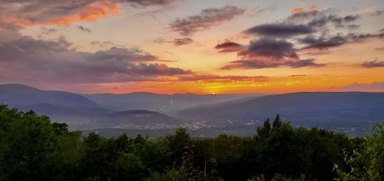 A sunset with golden and orange light over a misty valley, framed by dark green forest silhouettes in the foreground.