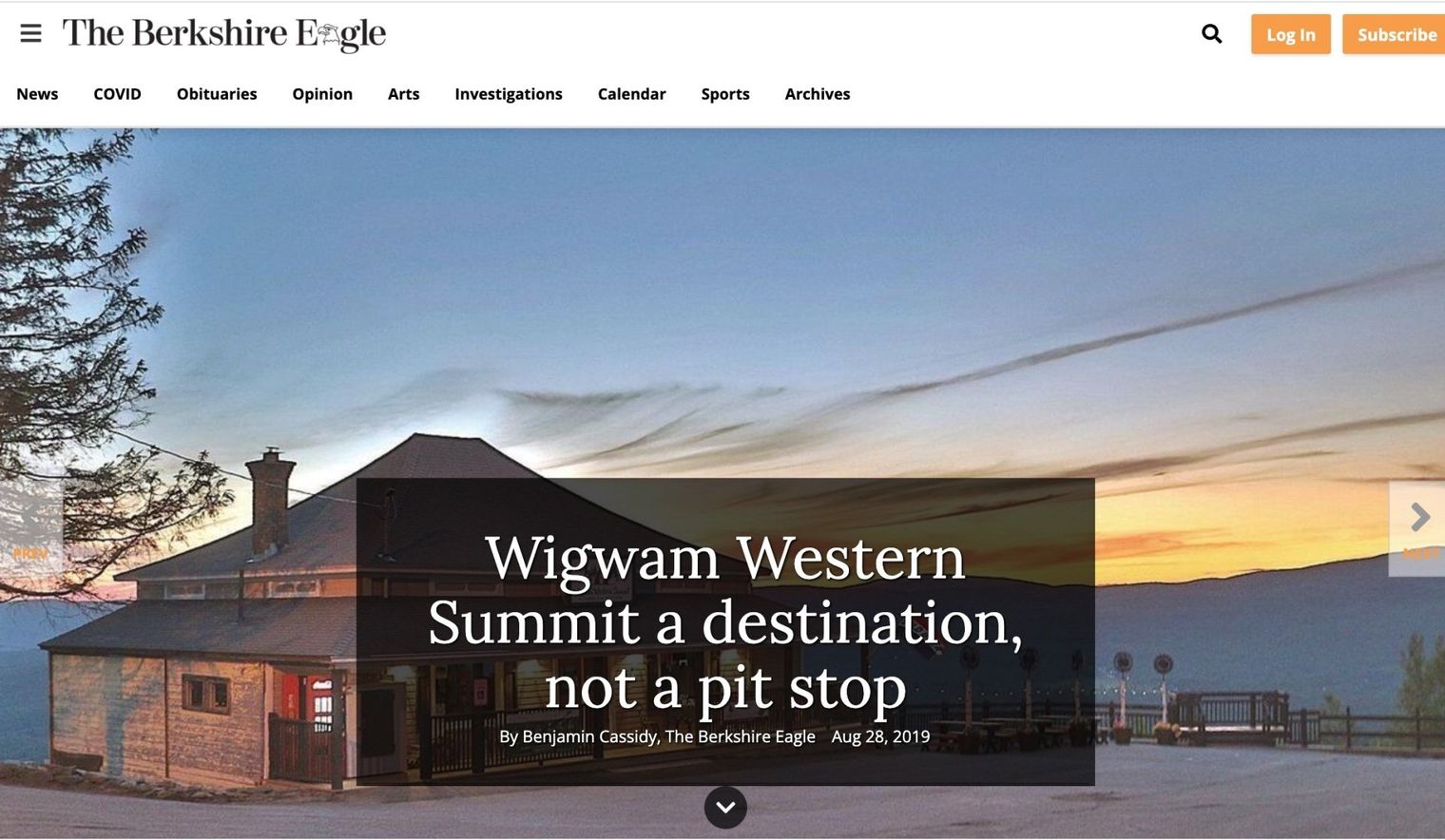 The Berkshire Eagle homepage features a sunset photo of the Wigwam Western Summit building with a prominent text overlay.