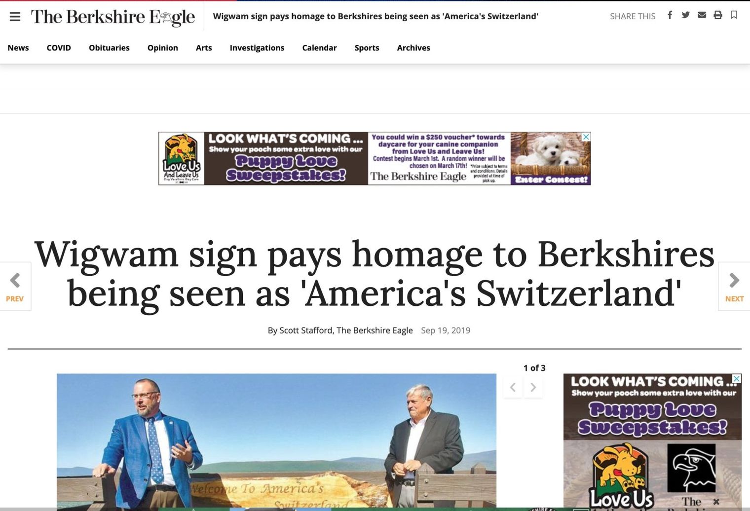A headline from The Berkshire Eagle about a Wigwam sign, showing two people standing outdoors in front of a landscape.