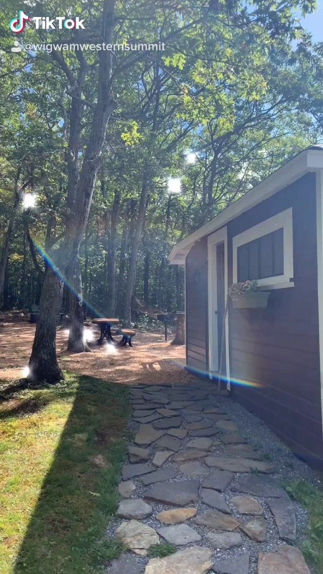 A stone path leads to a small, dark-sided cabin nestled in a sunny, forested area with tall trees and dappled light.