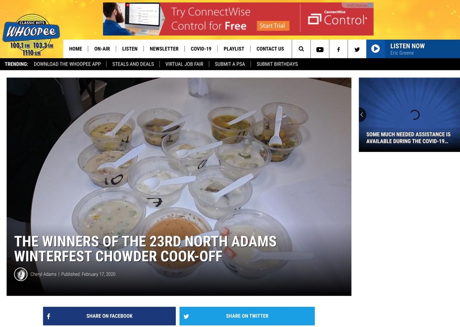 A top-down view of several small plastic cups containing different chowders on a white table, from a Winterfest cook-off.