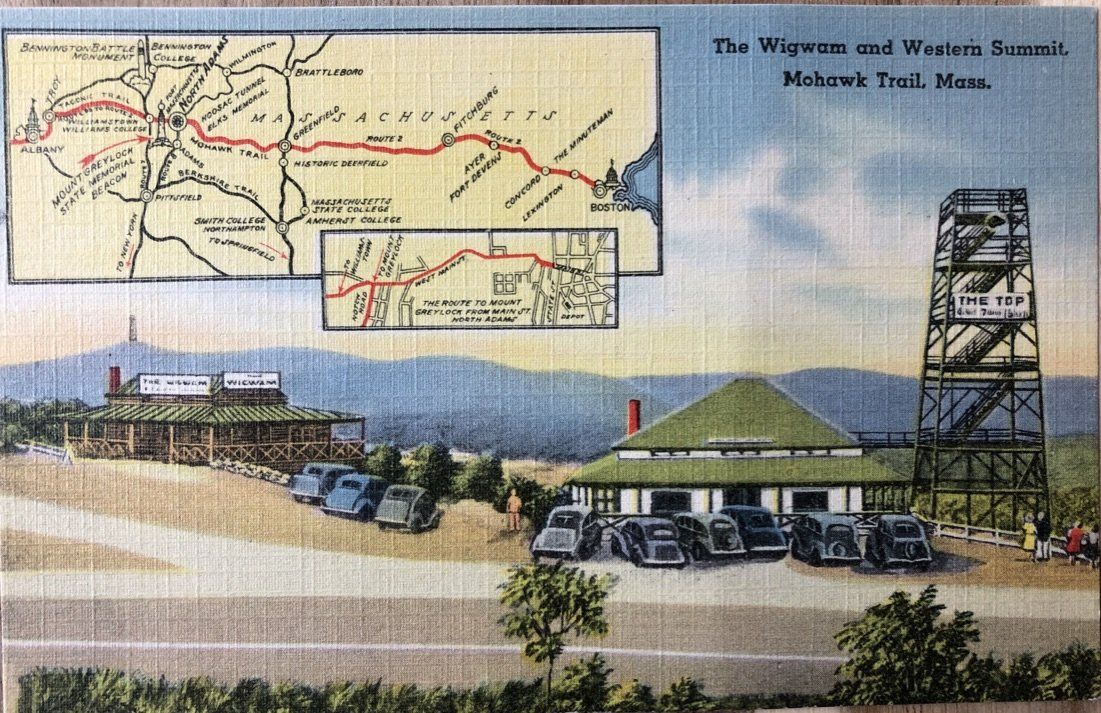 A vintage postcard showing the Mohawk Trail with a map, a resort building, parked cars, and an observation tower.