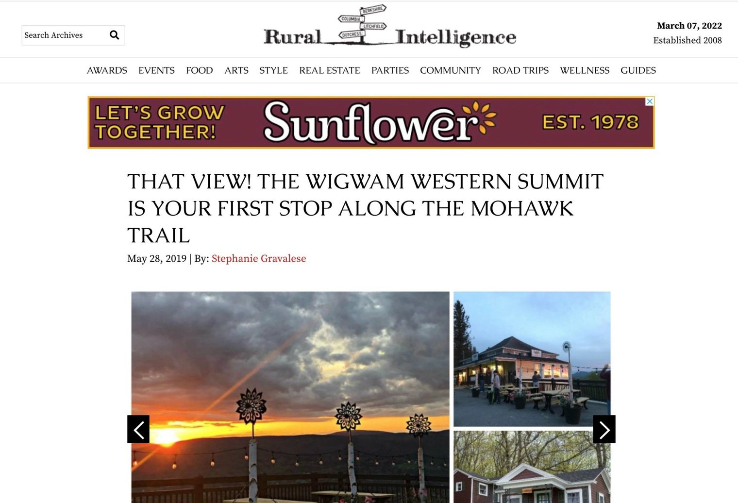 A webpage header for Rural Intelligence showing a sunset over the Wigwam Western Summit and the Mohawk Trail.