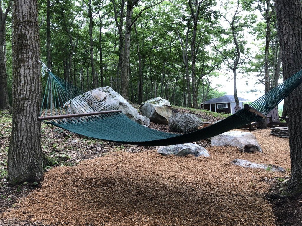 A dark green rope hammock hangs suspended between two trees in a wooded area with large rocks and mulch-covered ground.