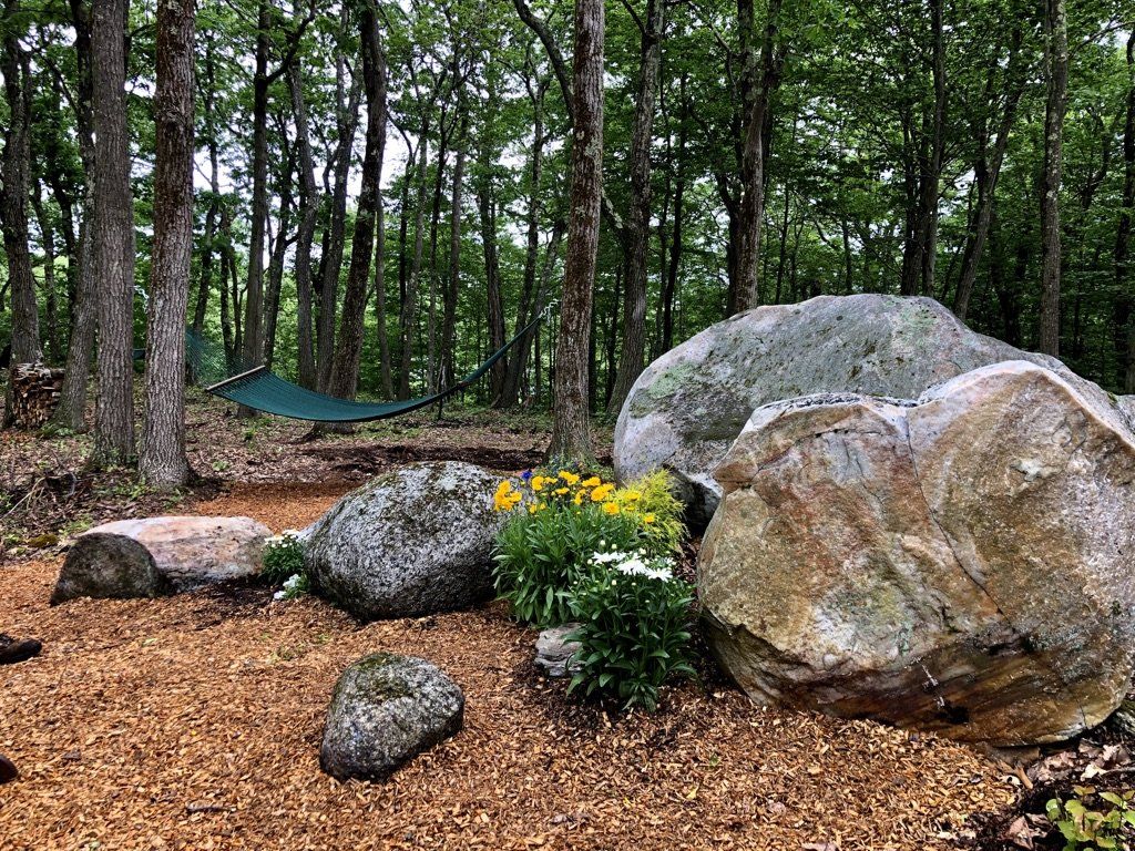 A green hammock hangs in a woodland clearing with large granite boulders, mulch-covered ground, and small yellow flowers.