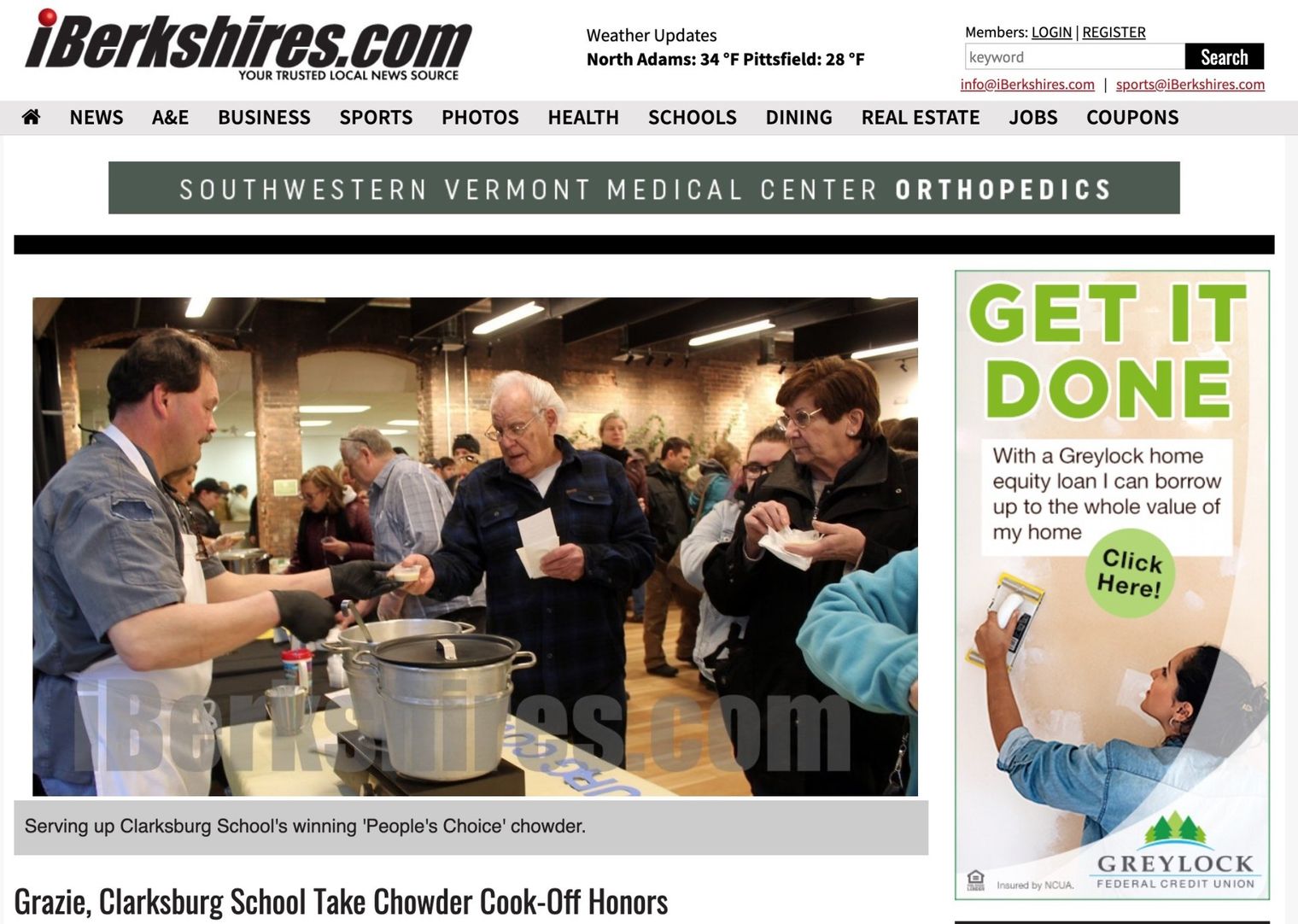 A person serves soup to a line of people at the Clarksburg School Chowder Cook-Off.
