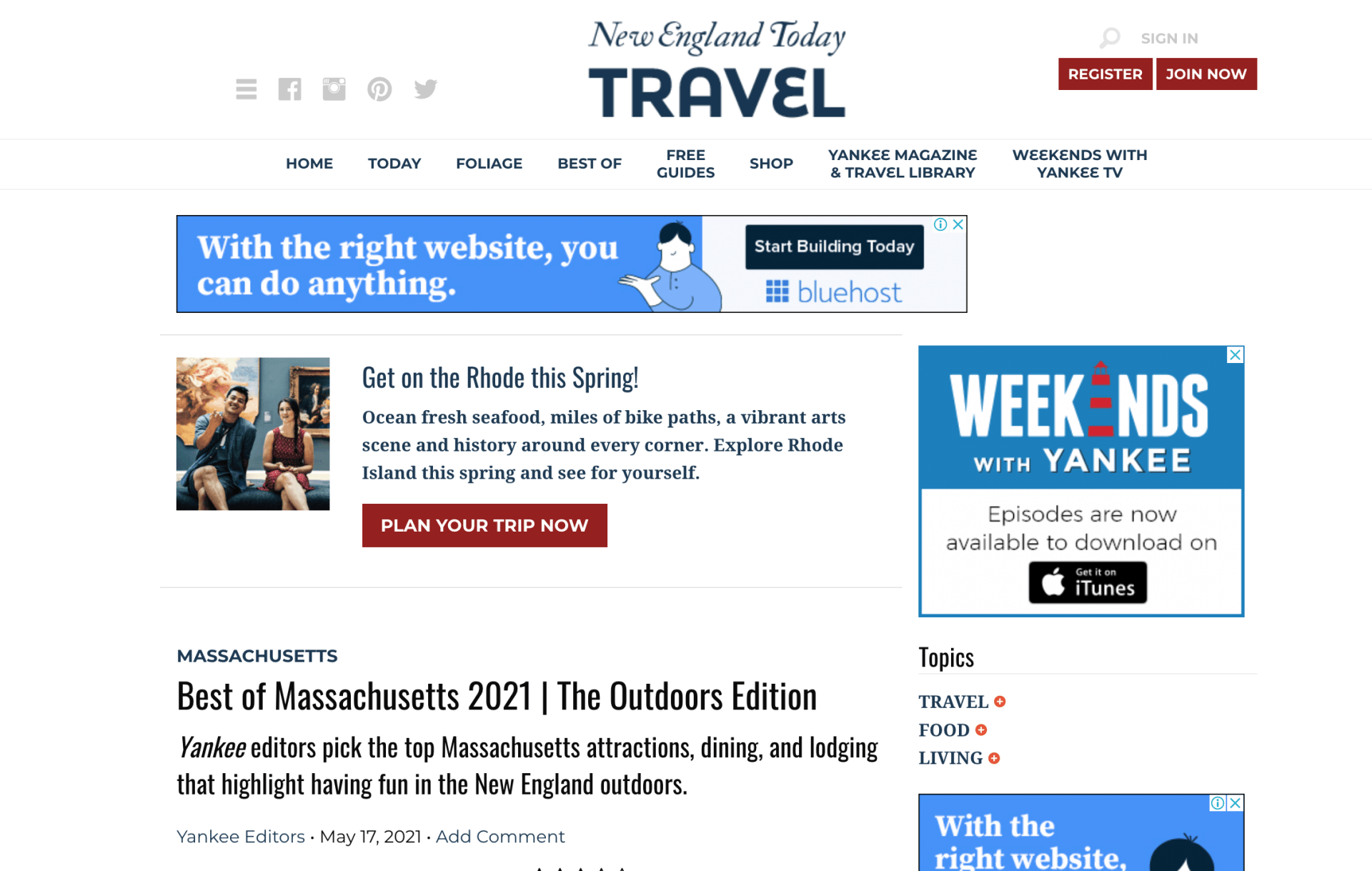 The New England Today Travel website homepage featuring an article titled Best of Massachusetts 2021 | The Outdoors Edition.