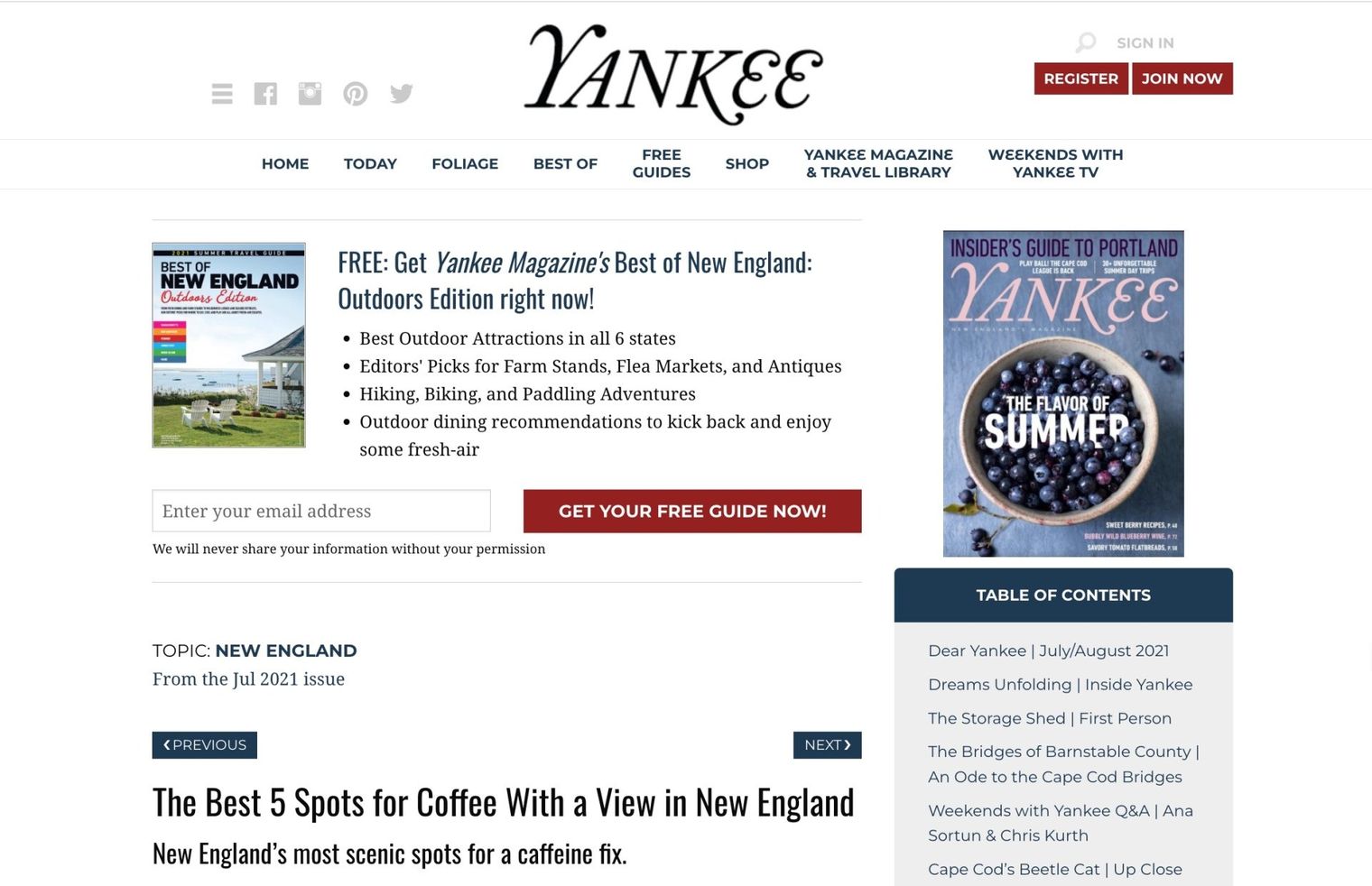 The Yankee Magazine website homepage featuring article highlights, magazine covers, and navigation menus.