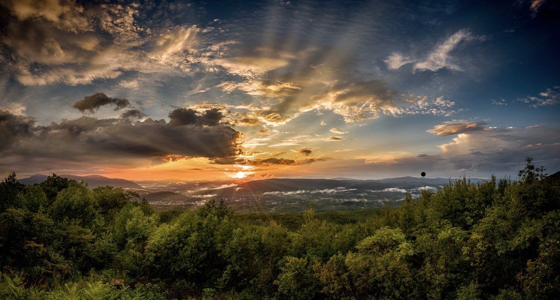 A dramatic sunset over a lush forest landscape with golden rays piercing through heavy clouds.