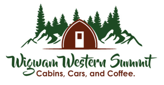Logo for Wigwam Western Summit: a brown wigwam icon in front of green pine trees and mountains with dark green text.