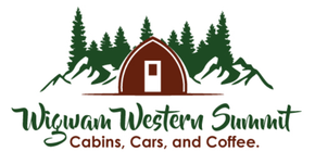 Logo for Wigwam Western Summit: a brown wigwam icon in front of green pine trees and mountains with dark green text.