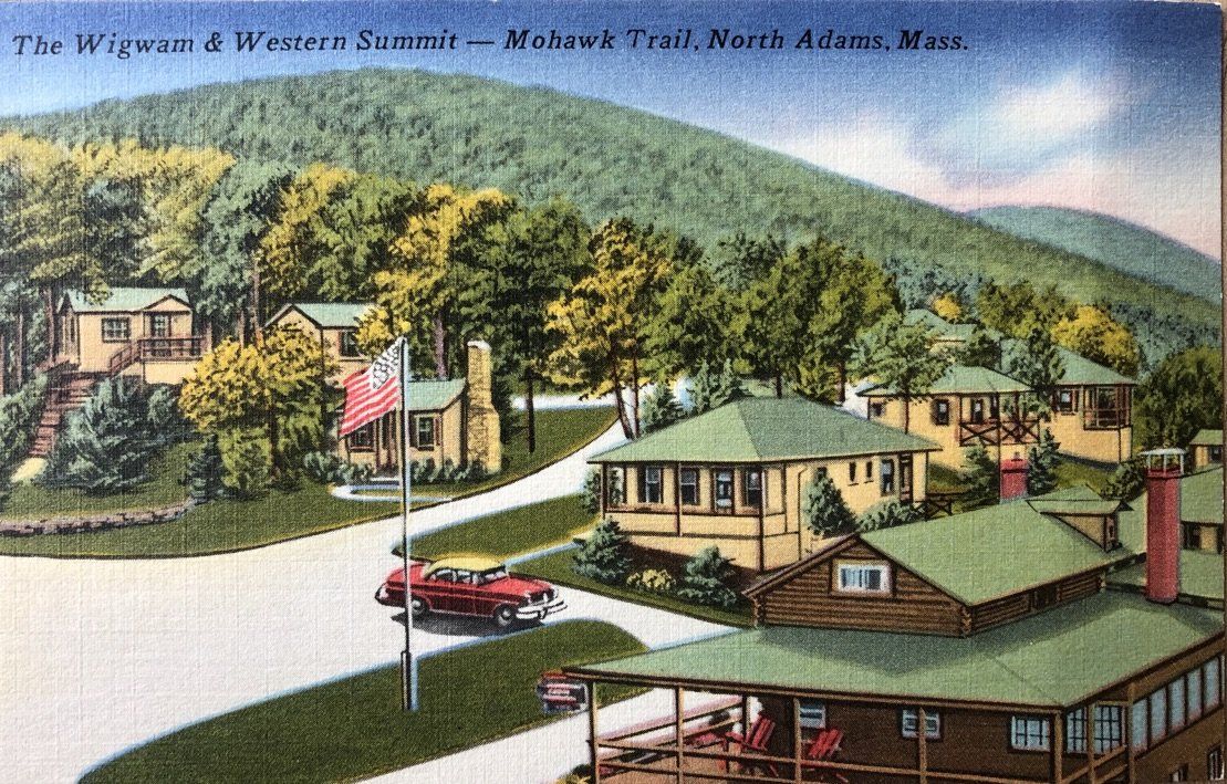 Vintage postcard view of the Wigwam Western Summit cabins along the Mohawk Trail in North Adams, Massachusetts.