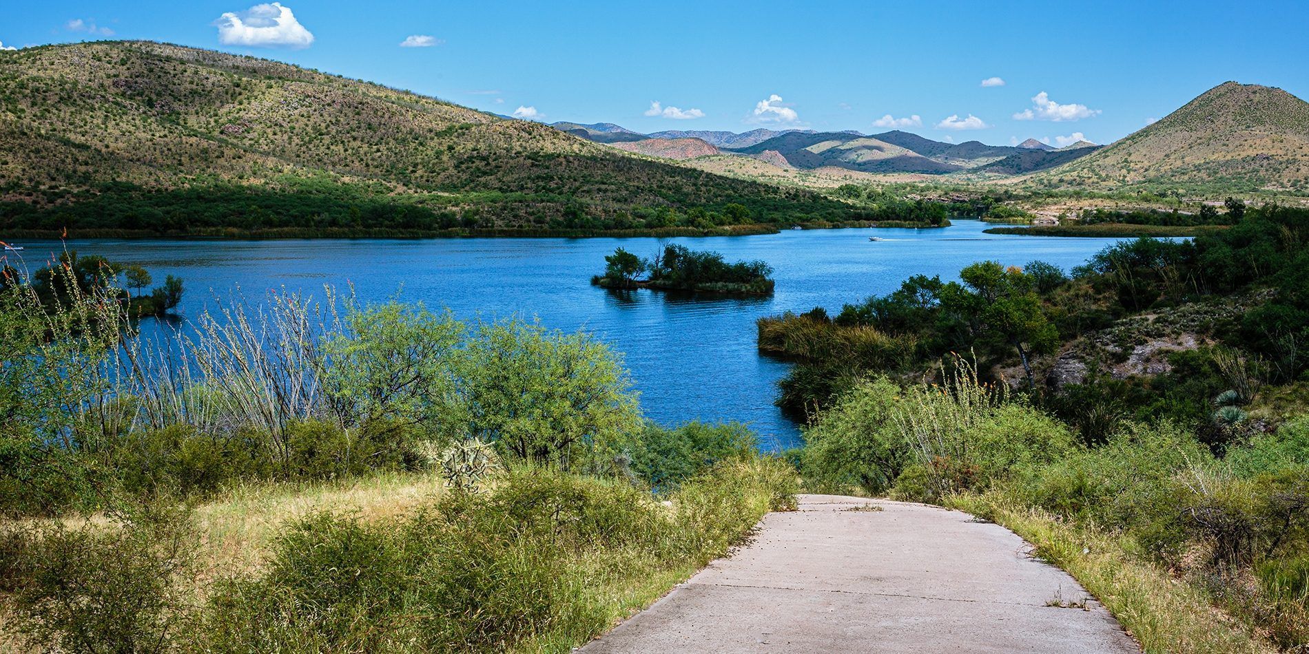 A path leading to a lake with mountains in the background.