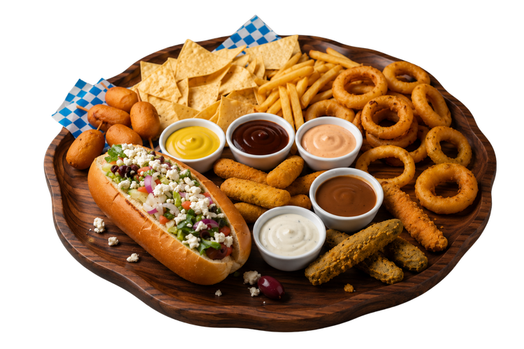 Loaded appetizer platter with hot dog, onion rings, chips, fried snacks, and dipping sauces