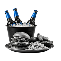 Black-and-white pub platter with burgers, fries, wings, beer bucket, and bottles on ice