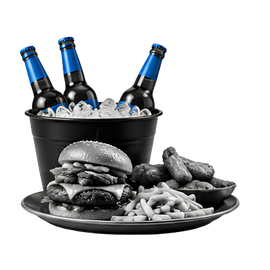 Black-and-white pub platter with burgers, fries, wings, beer bucket, and bottles on ice