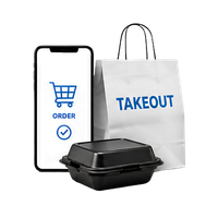 Takeout order icons with a phone, white bag labeled “TAKEOUT,” and black food container