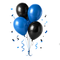 Cluster of black and blue balloons with curled ribbons and confetti on a white background