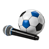 Microphone beside a black-and-white soccer ball with blue panels on a white background