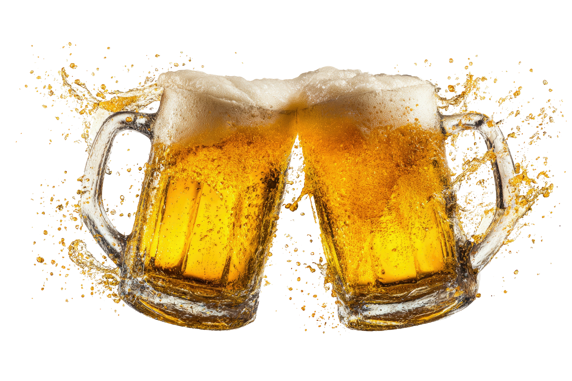 Two frothy beer mugs clinking, golden beer splashing against a white background