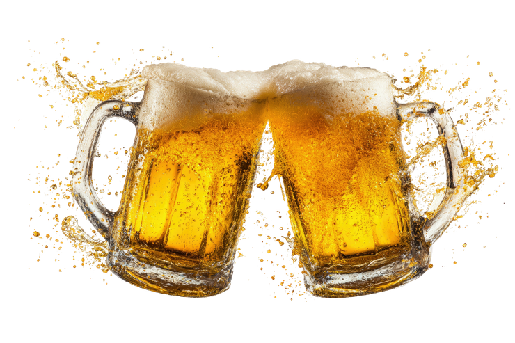 Two frothy beer mugs clinking, golden beer splashing against a white background