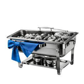 Stainless steel chafing dish with ice, tied with a blue ribbon, on a white background