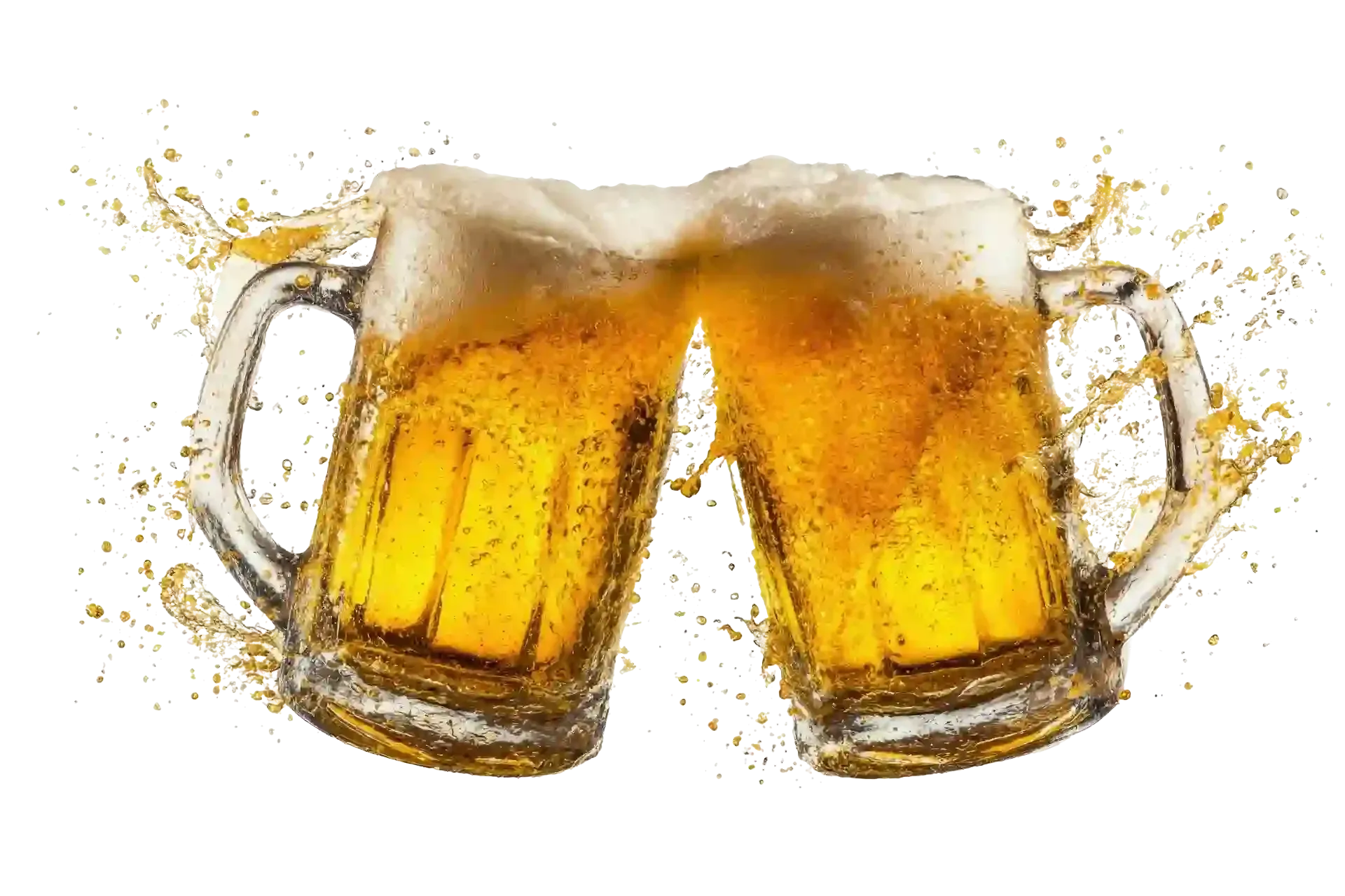 Two frothy beer mugs clinking, golden beer splashing against a white background