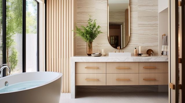 A bathroom with a tub , sink and mirror.