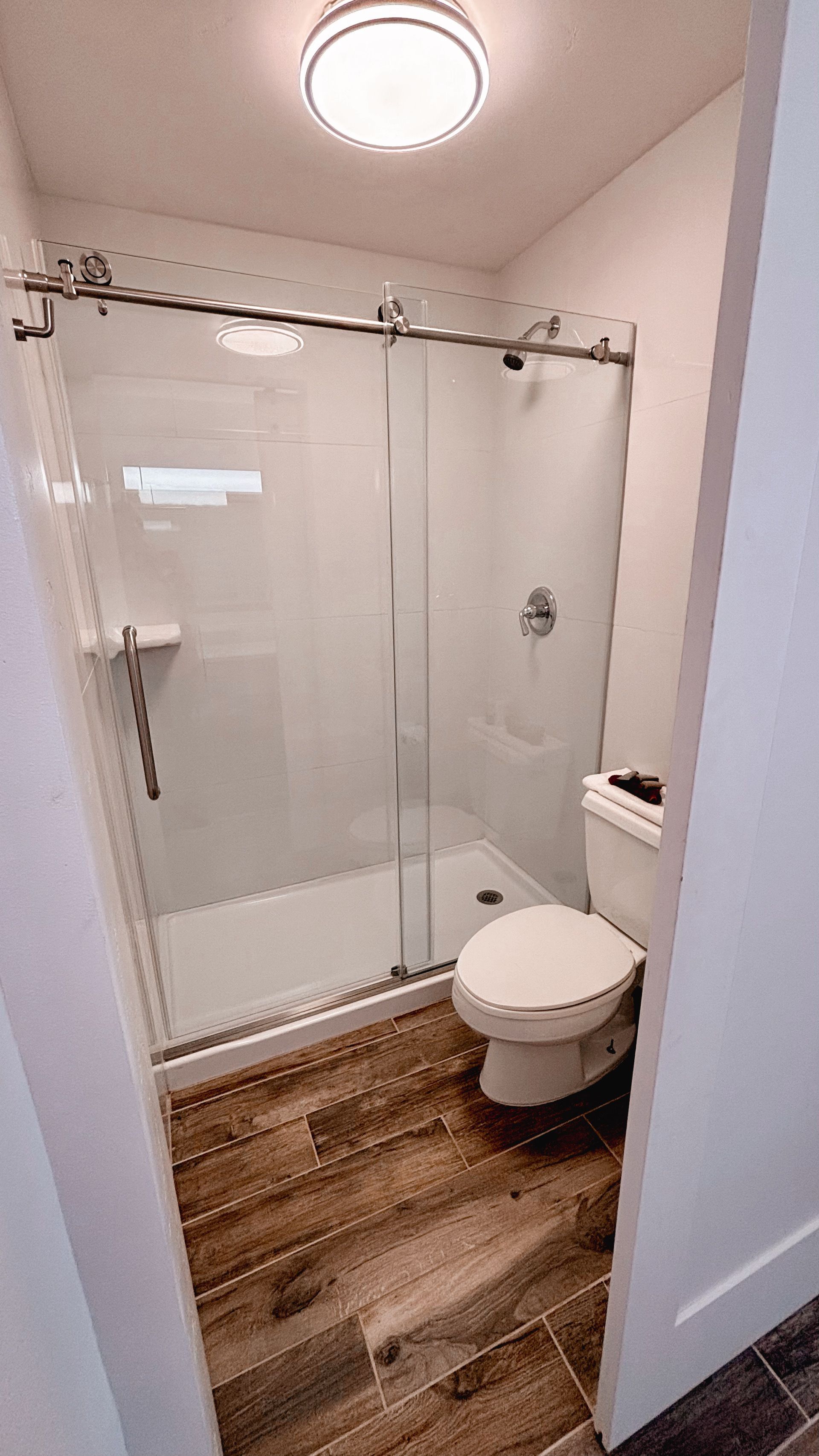 Small bathroom with glass shower enclosure, wall-mounted toilet, wood-look floor, and ceiling light.