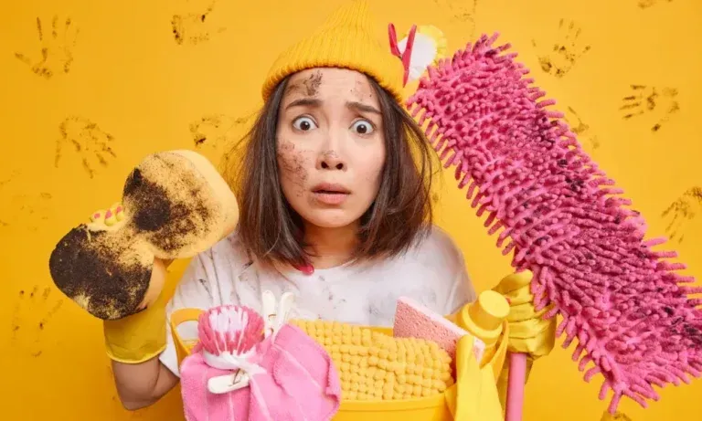 Woman looks shocked among colorful cleaning tools on a yellow background.