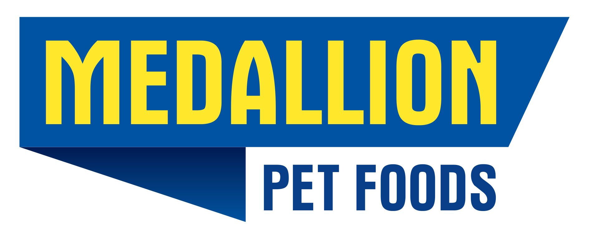 The logo for medallion pet foods is blue and yellow.
