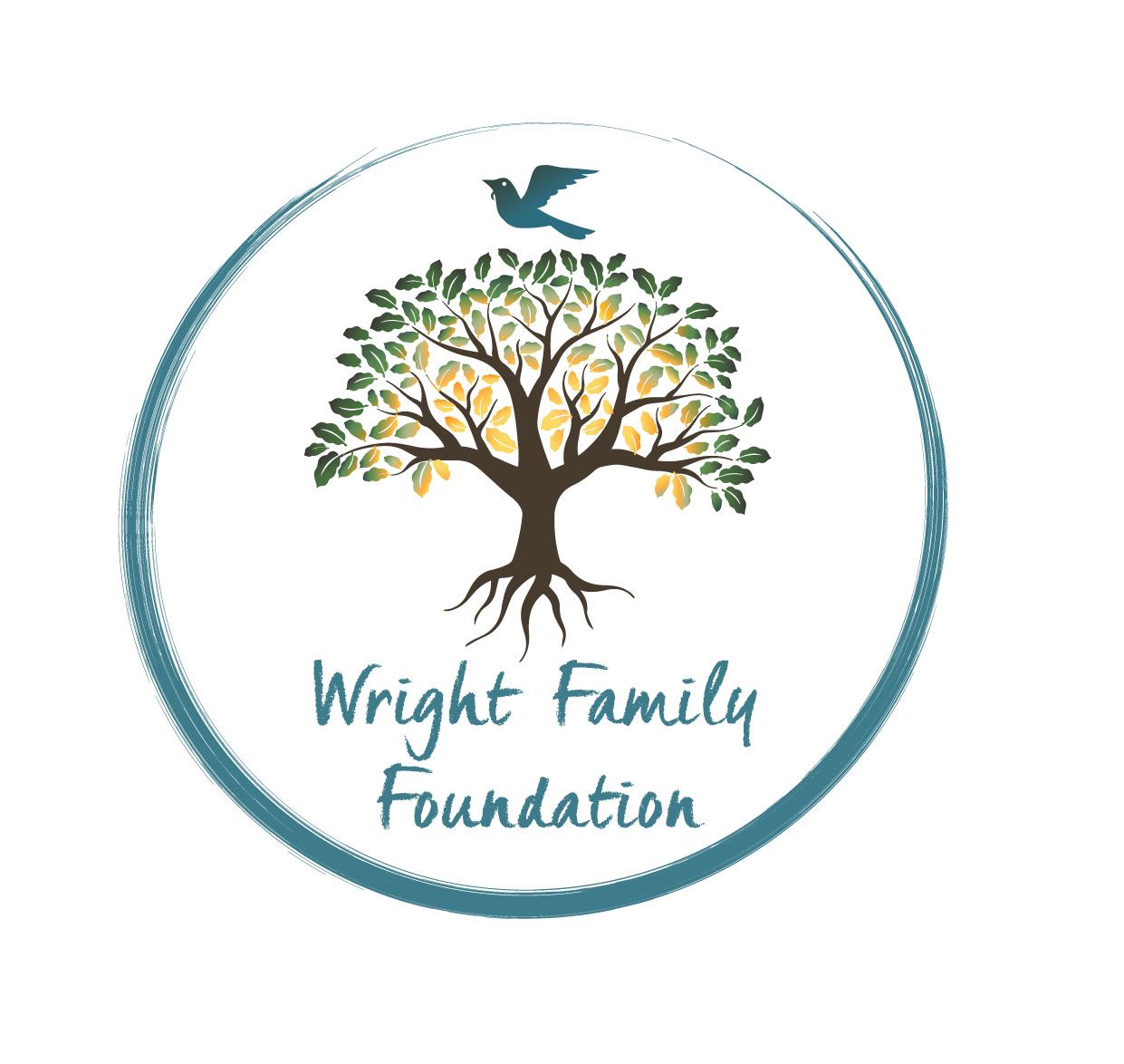 The logo for the wright family foundation shows a tree with roots and a bird flying over it.