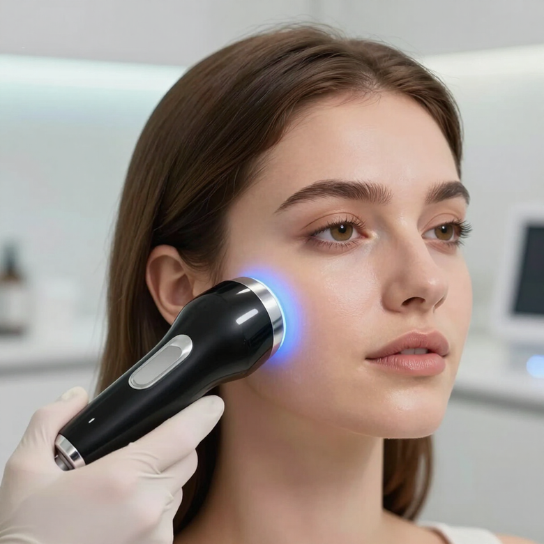 Trattamento viso in clinica con un dispositivo portatile sulla guancia di una donna