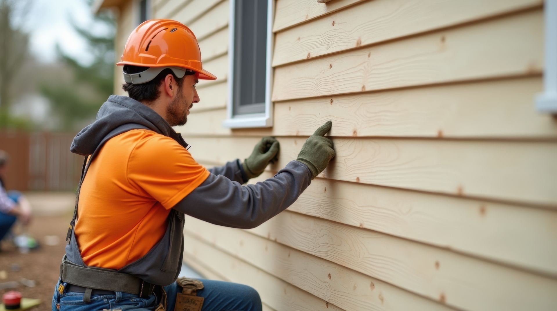 Construction worker installs siding on a house, wearing an orange hard hat and gloves. Construction worker installs siding on a house, wearing an orange hard hat and gloves.