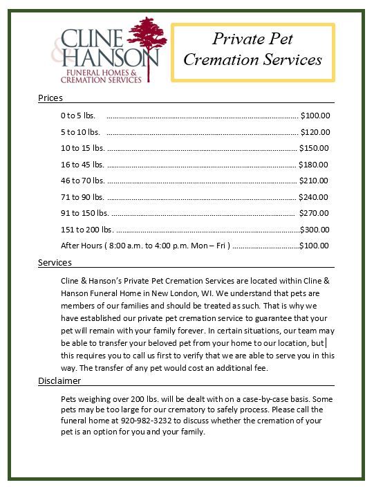 Price list for Cline & Hanson Private Pet Cremation Services in New London, WI, organized by pet weight.