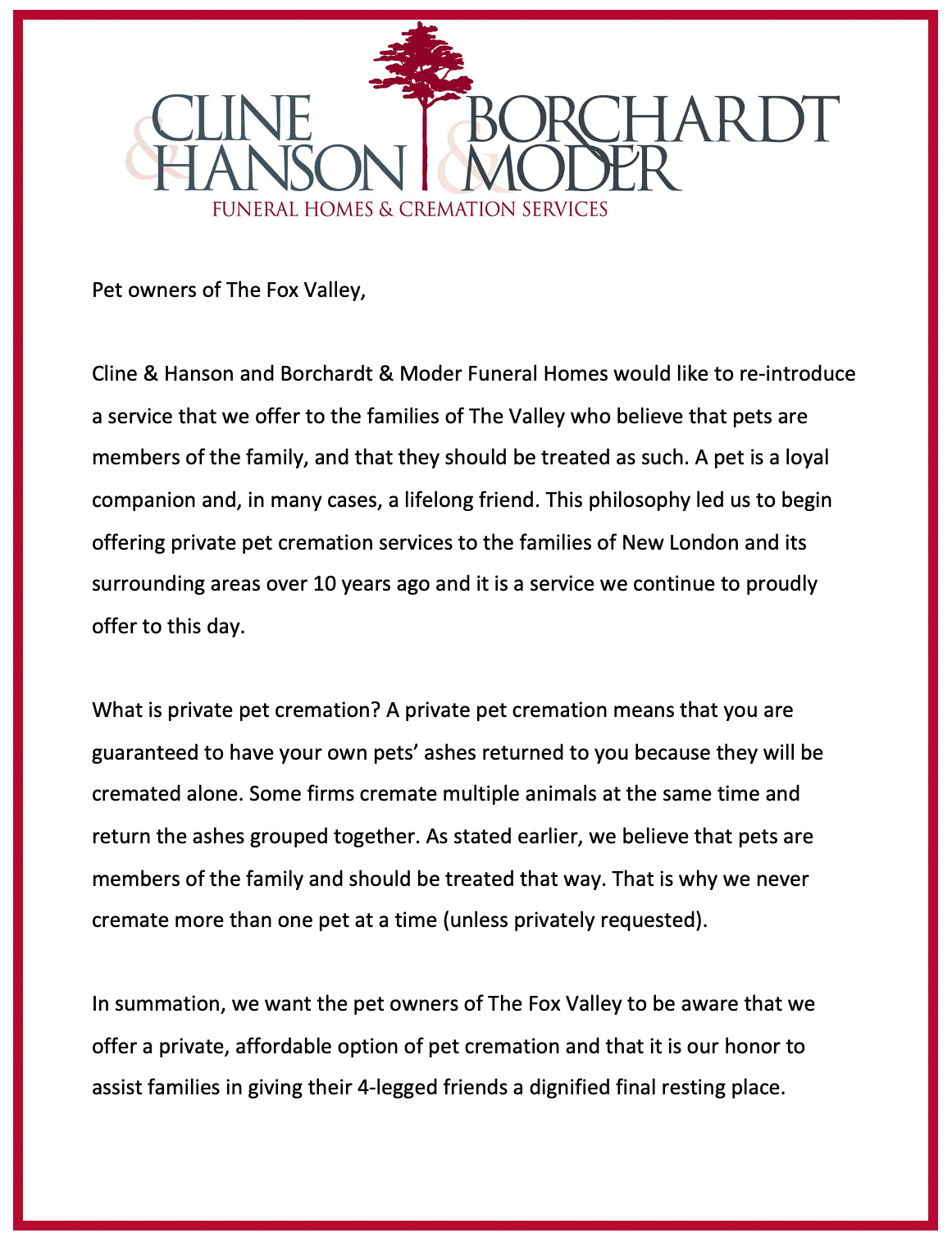 A formal letter from Cline & Hanson & Moder Funeral Home outlining their private pet cremation services.