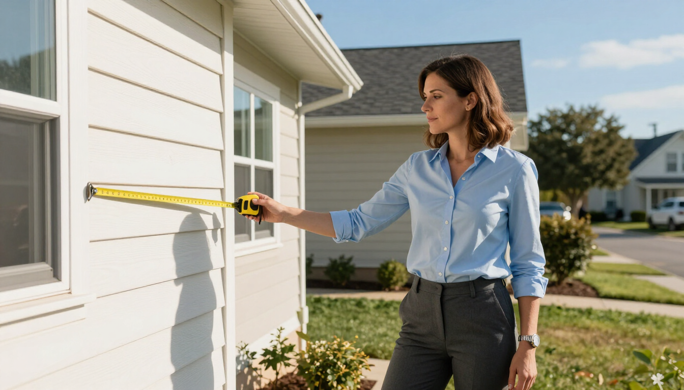 Professional appraiser measuring a residential property in a suburban neighborhood.