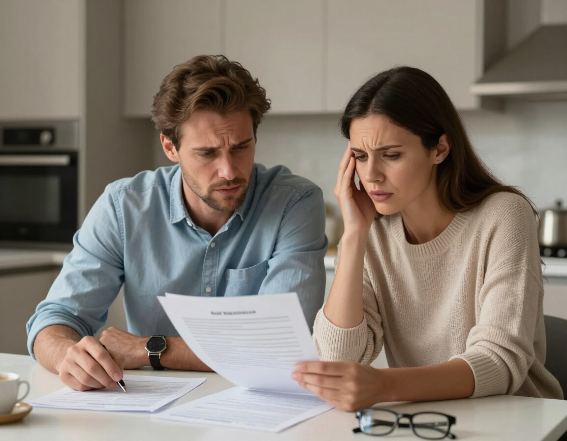 Stressed homeowners reviewing real estate documents