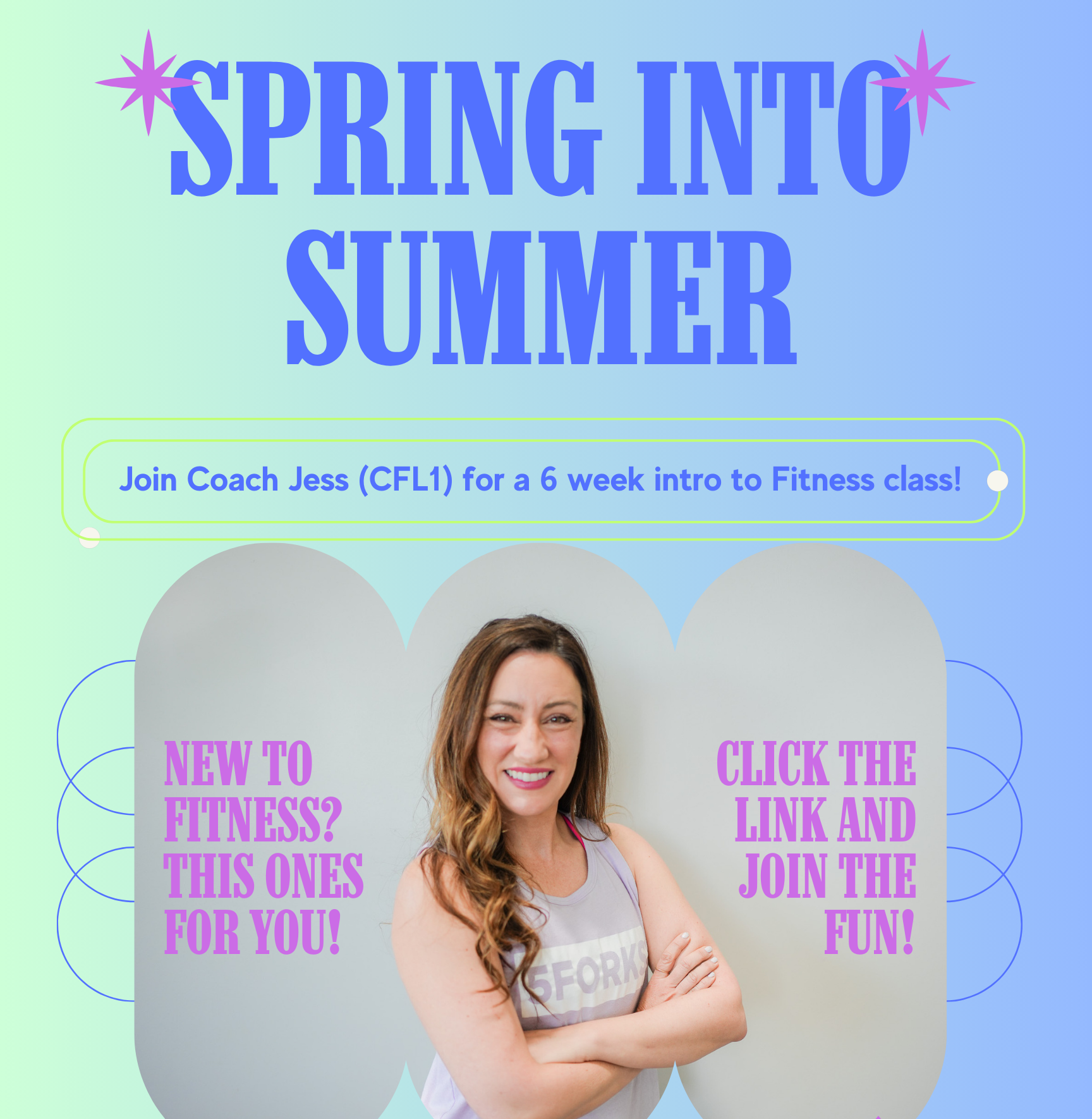 A woman is standing in front of a sign that says spring into summer.