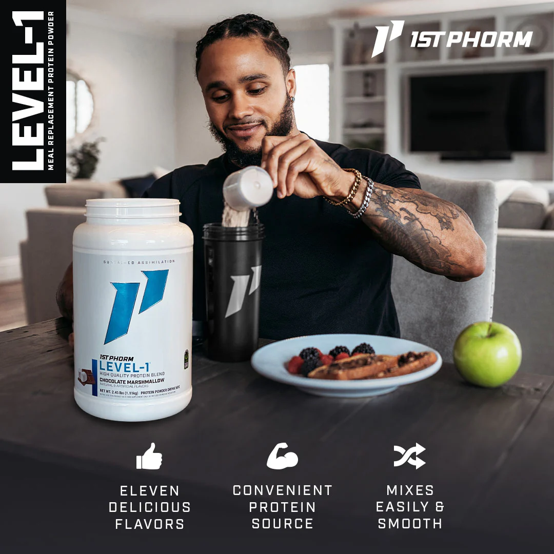 A man is pouring a protein shake into a cup.